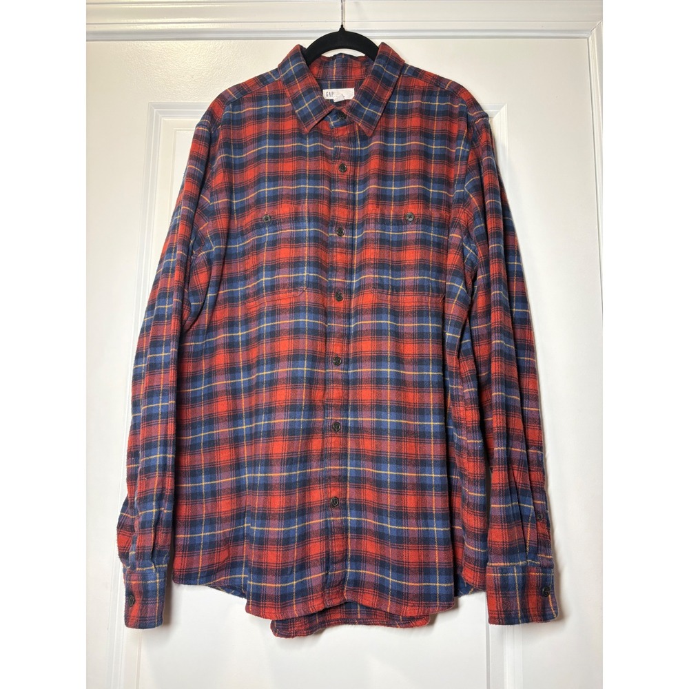 Gap Mens Large Flannel Shirt Red Blue Plaid Long Sleeve Button Down Standard Fit